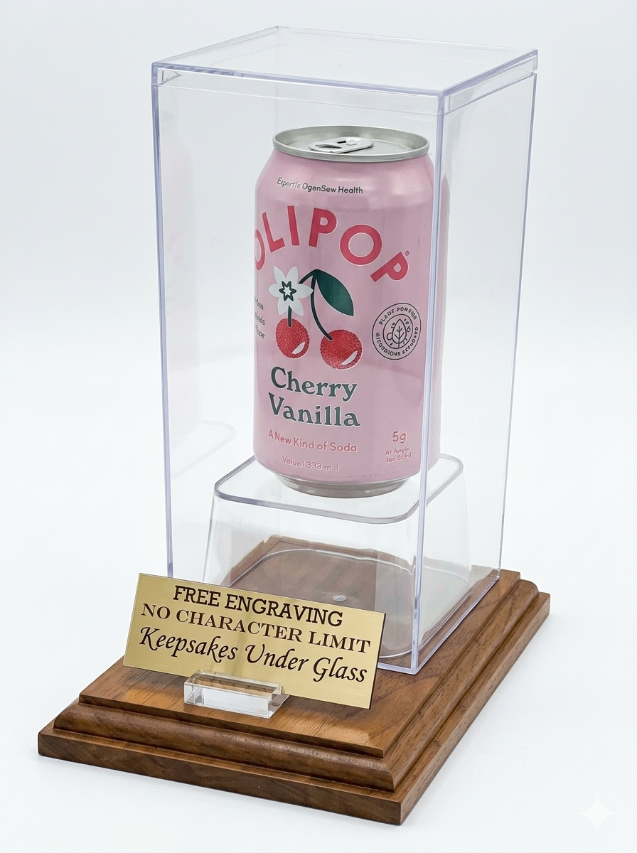 Beer or Soda 12oz Can Personalized Acrylic Display Case with Solid Cherry Wood Base Free Engraving