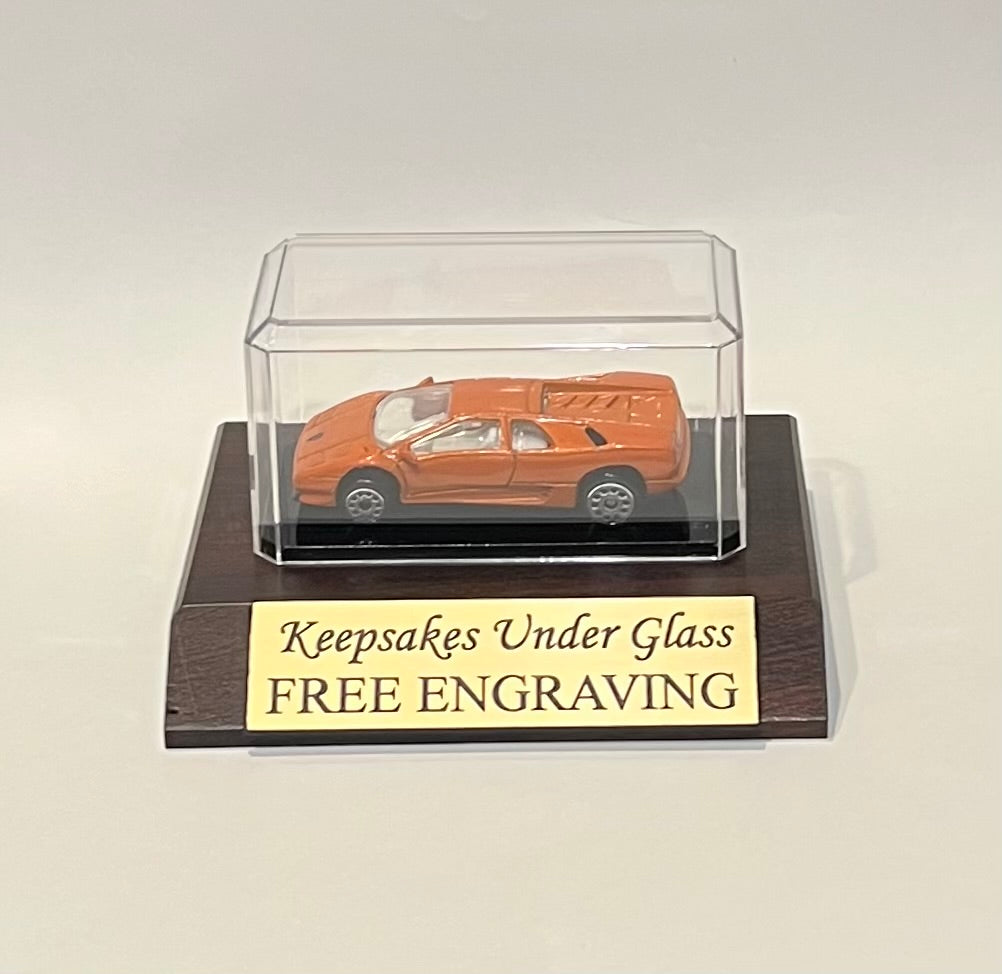 1/64 Scale Diecast Car Personalized Acrylic Display Case: Cherry Finish Wood Base.