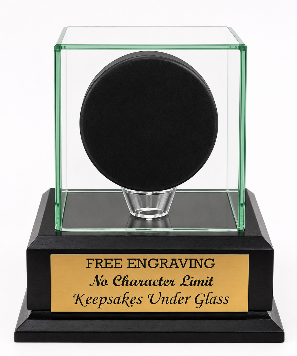 Personalized Hockey Puck Glass Display Case: Cherry or Black Base, Free Engraving