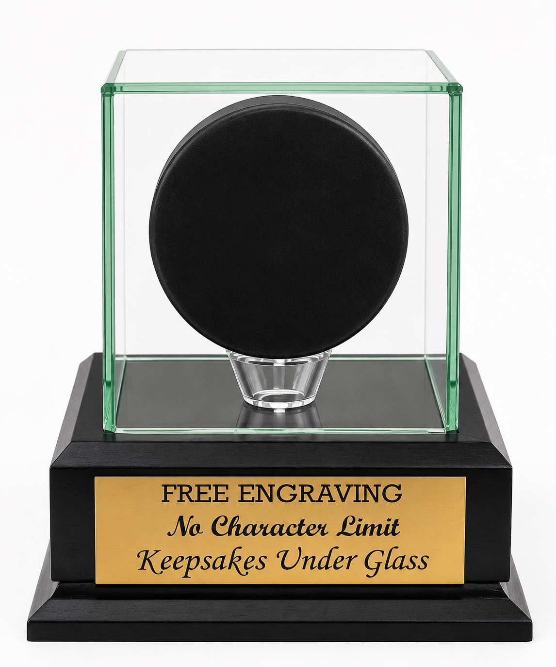 Personalized Hockey Puck Glass Display Case: Cherry or Black Base, Free Engraving