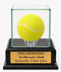 Tennis Ball Personalized Glass Display Case with a Mahogany or Black Finish Wood Platform Base