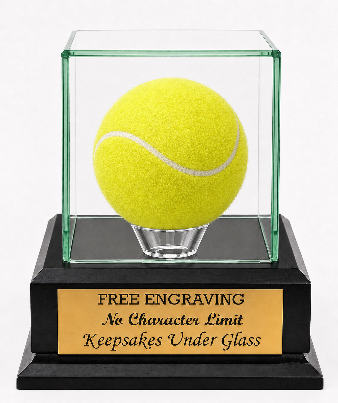 Tennis Ball Personalized Glass Display Case with a Mahogany or Black Finish Wood Platform Base