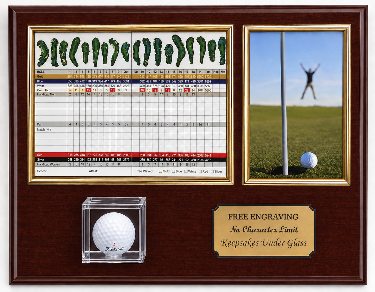 Personalized Golf Ball Display Case: 4x6 Photo & 6x8 Scorecard, Engraved Plaque