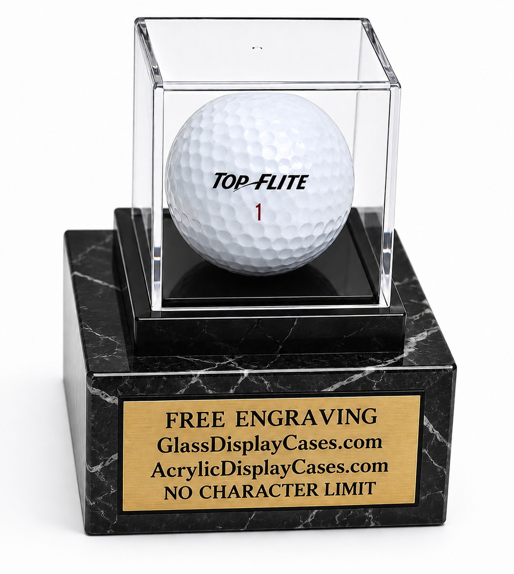 Golf Ball Hole in One Display Case: Black Marble Base, Custom Engraved Name Plate