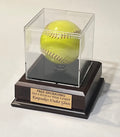 Personalized Softball Display Case: UV Protected Acrylic, Custom Stand Cherry Finish Wood Base