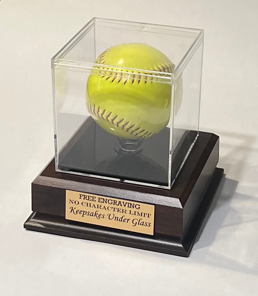 Personalized Softball Display Case: UV Protected Acrylic, Custom Stand Cherry Finish Wood Base