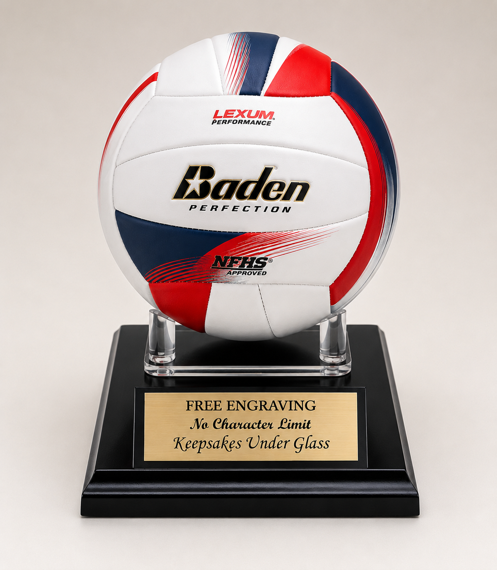 Volleyball Personalized Acrylic Display Stand Custom Ball Holder and Black Finish Solid Wood Base.