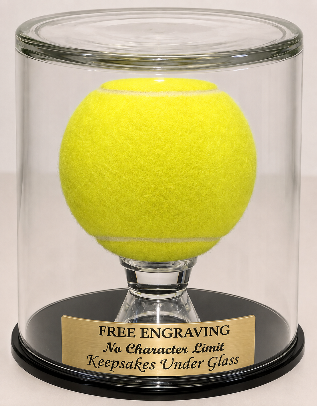 Tennis Ball Glass Display Case Round Dome with Engraved Nameplate
