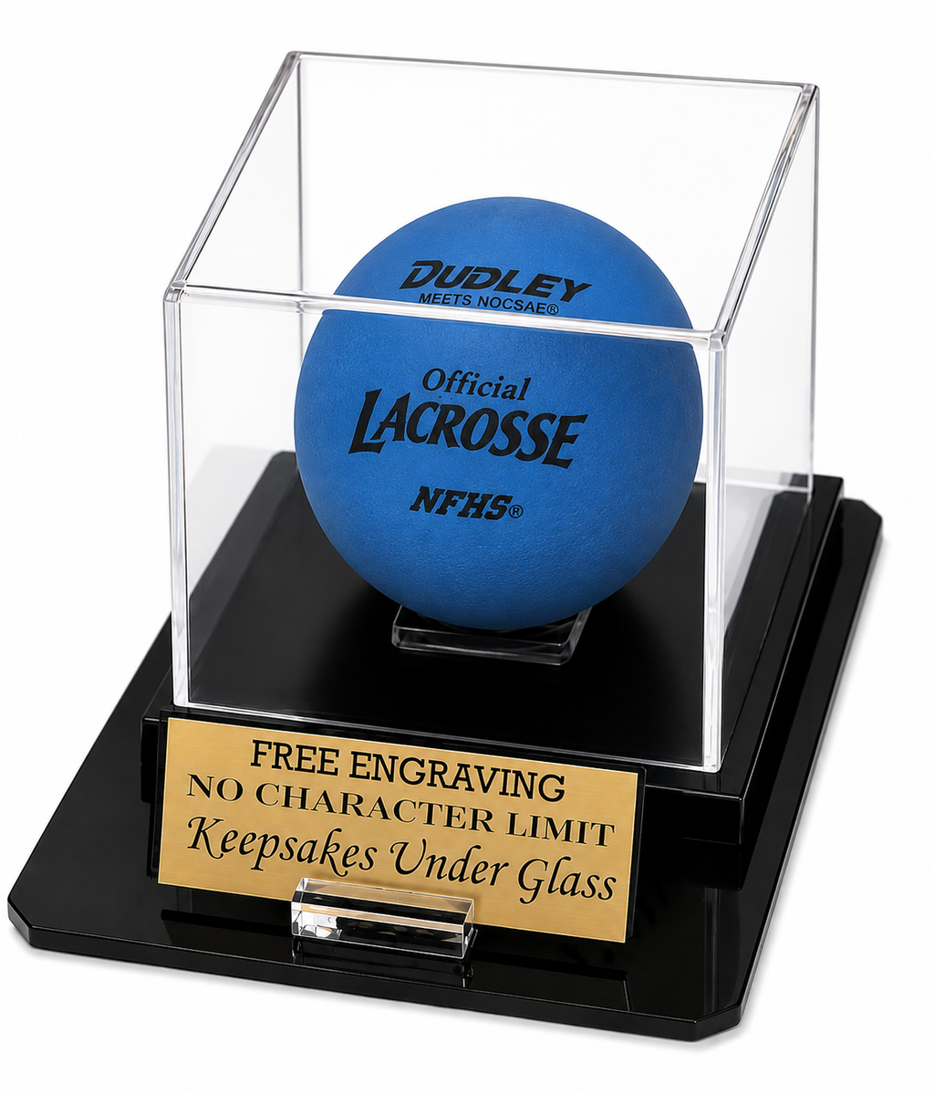 Lacrosse Ball Acrylic Personalized - Engraved Display Case with a Black Octagon Base and Custom Stand