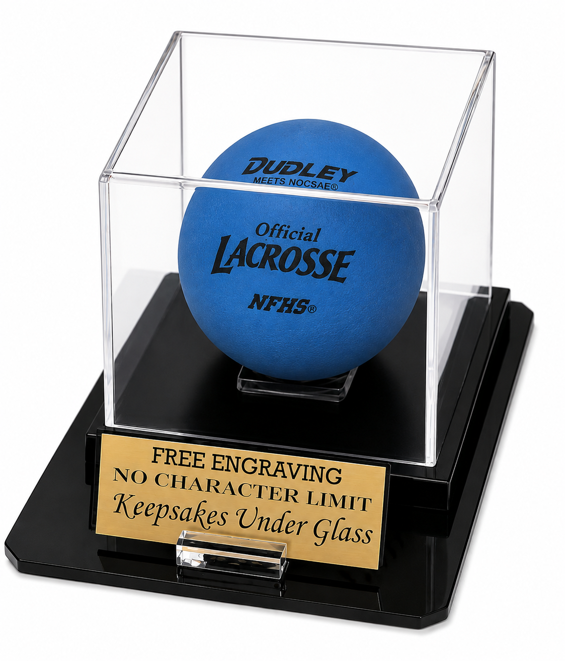 Lacrosse Ball Acrylic Personalized - Engraved Display Case with a Black Octagon Base and Custom Stand