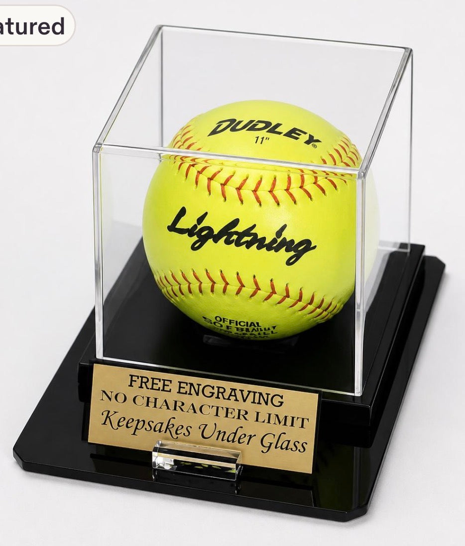 Softball Acrylic Personalized - Engraved Display Case with a Black Octagon Base and Custom Stand