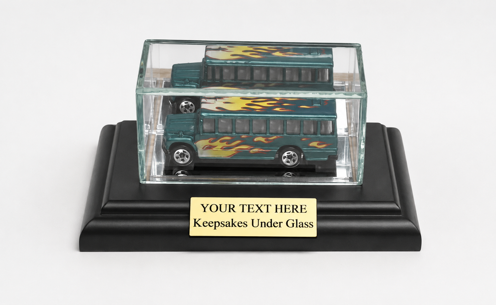 1/64 Scale Personalized Diecast Car Glass Display Case: Black Finish Wood Base. Hot Wheels and Matchbox Size