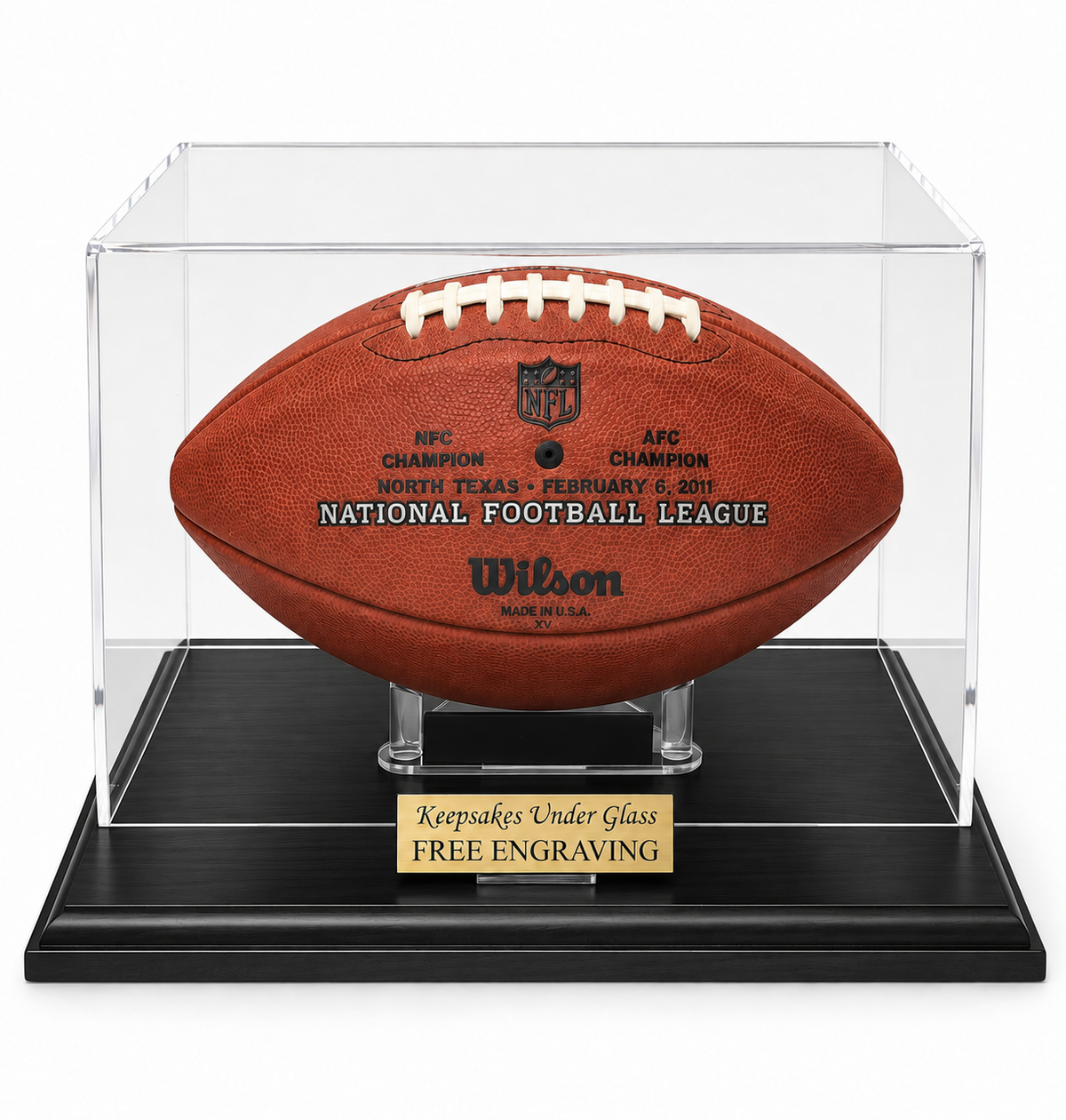 Football Full NFL NCAA Size Personalized Acrylic Display Case With a Cherry or Black Finish Wood Base