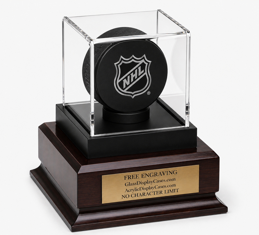 Personalized Hockey Puck Display Case: Engraved Acrylic with Wood Base