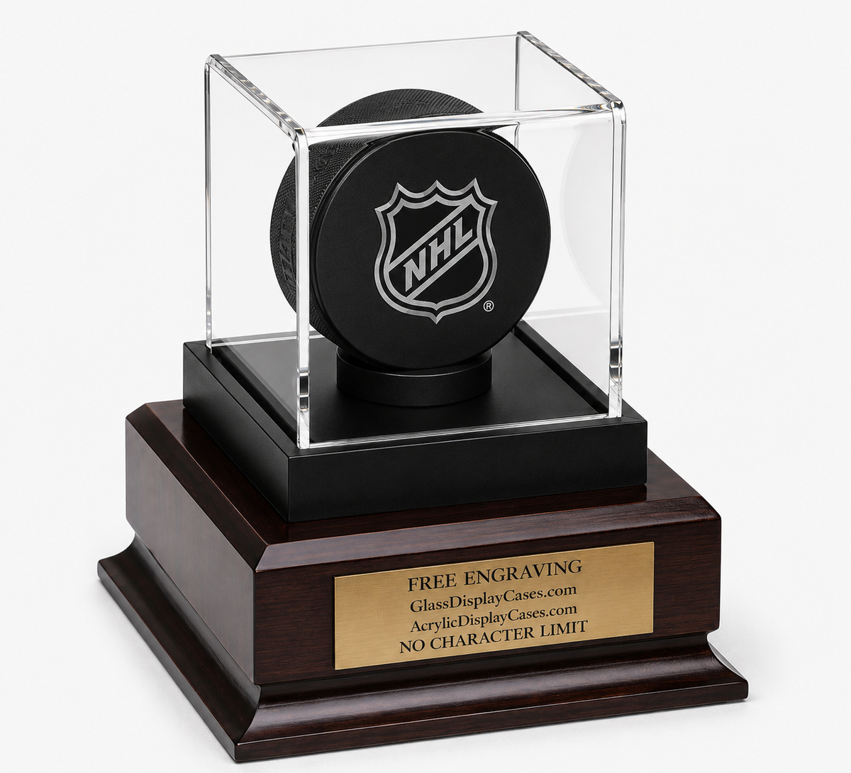 Personalized Hockey Puck Display Case: Engraved Acrylic with Wood Base