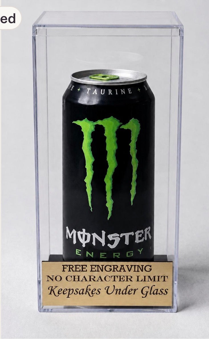 Personalized Tall 16oz Can Acrylic Display Case: Black Base, Free Engraving