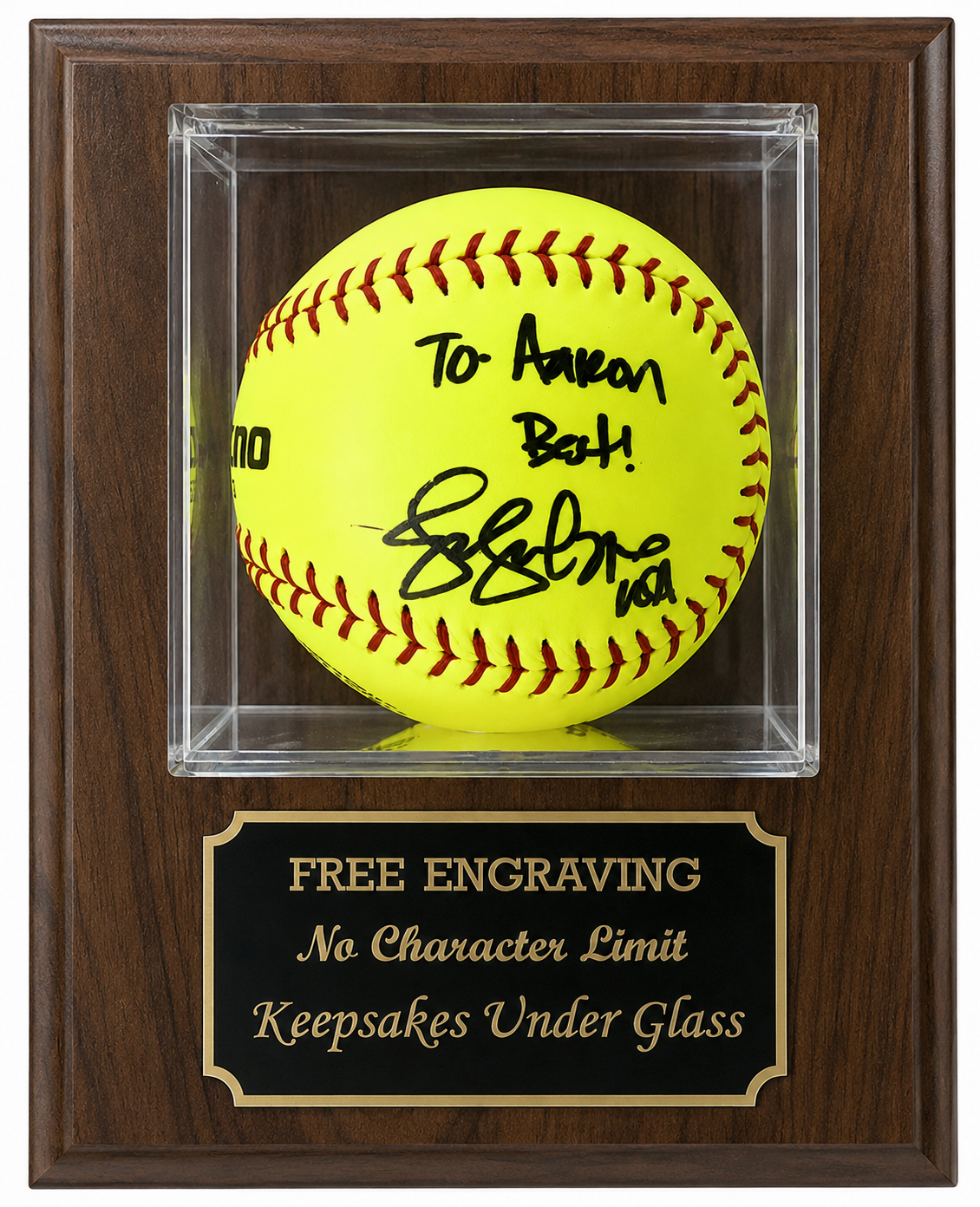 Softball Display Case: Walnut or Black Wood Plaque, Free Engraving