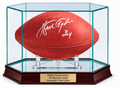 Football Full Size NFL NCAA Size Personalized Hexagon Glass Display Case With a Cherry Finish Wood Base