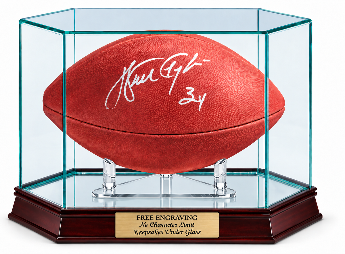 Football Full Size NFL NCAA Size Personalized Hexagon Glass Display Case With a Cherry Finish Wood Base