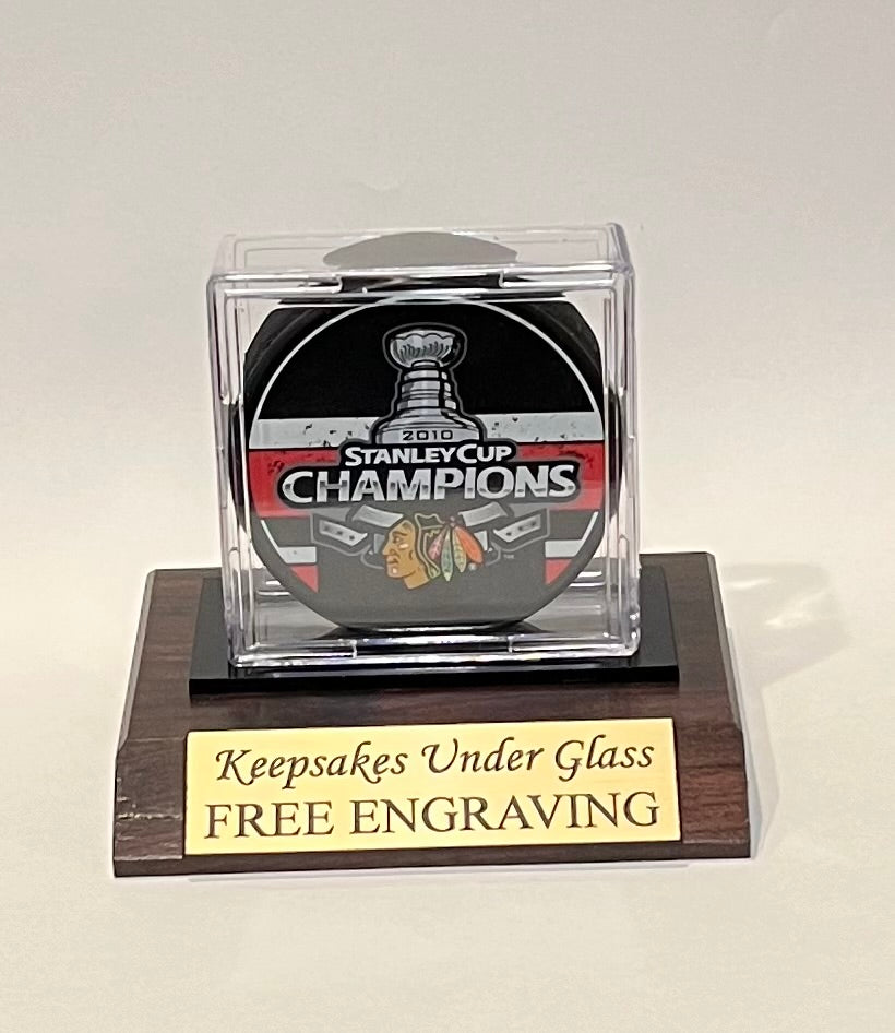 Personalized Hockey Puck Acrylic Display Case: Cherry Finish Wood Base & Free Engraving