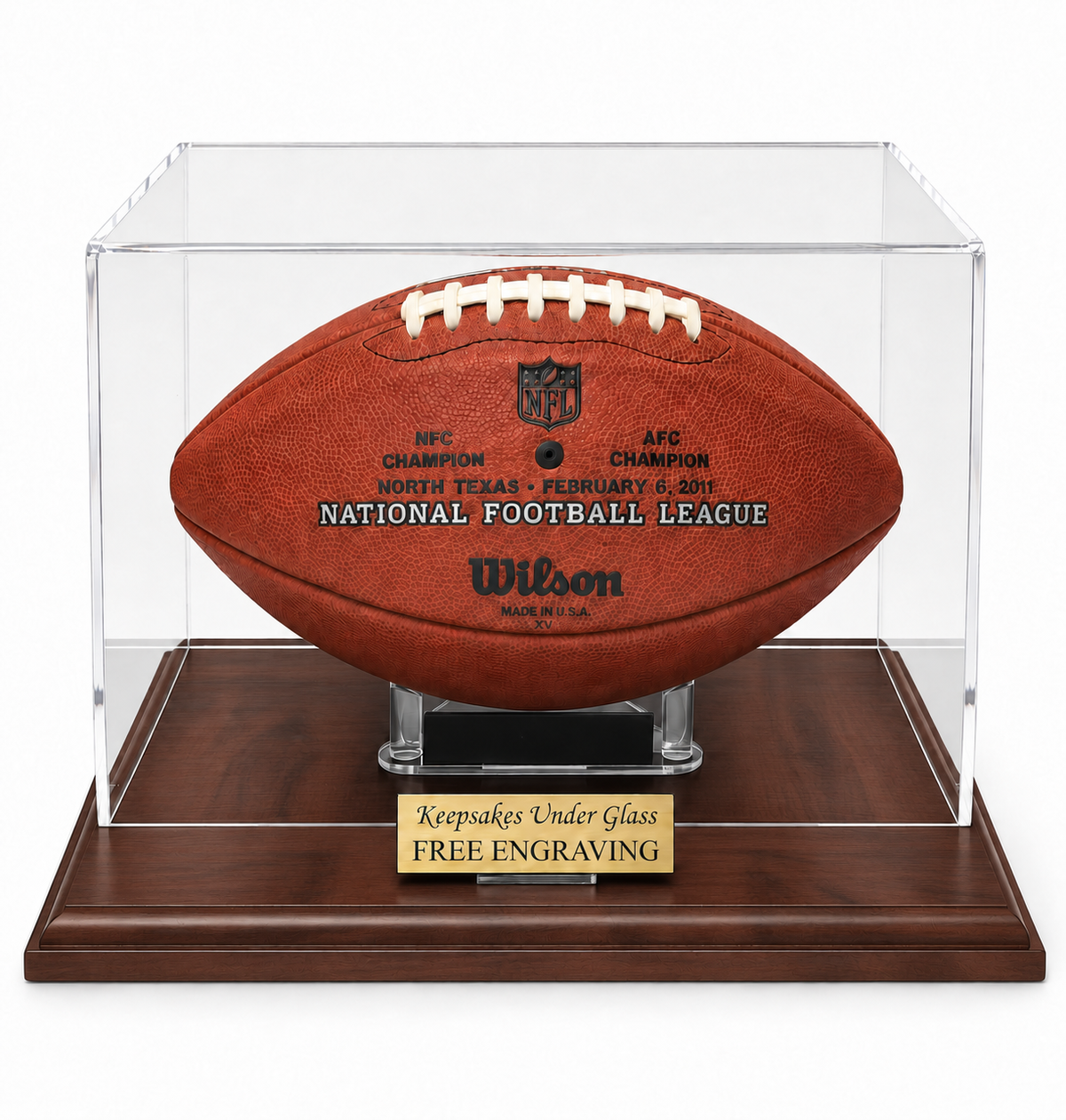 Football Full NFL NCAA Size Personalized Acrylic Display Case With a Cherry or Black Finish Wood Base