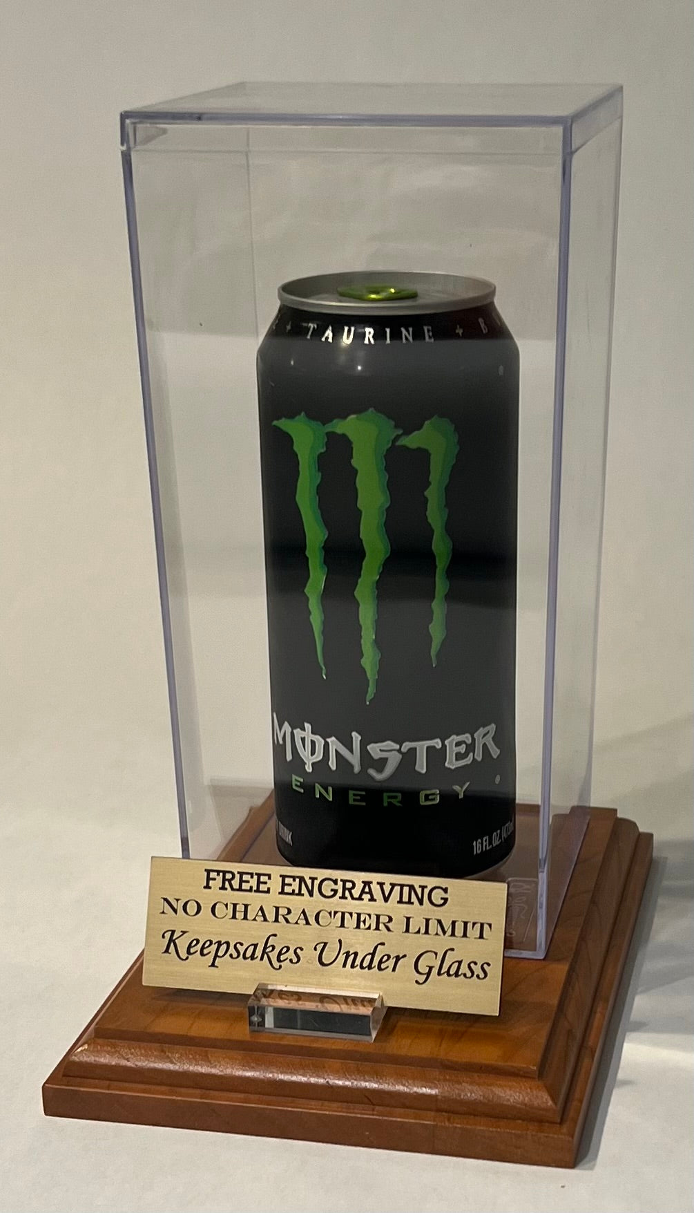Personalized Acrylic Beer Can Display Case For a 16oz: CherryWood Base