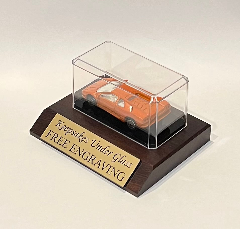 1/64 Scale Diecast Car Personalized Acrylic Display Case: Cherry Finish Wood Base.