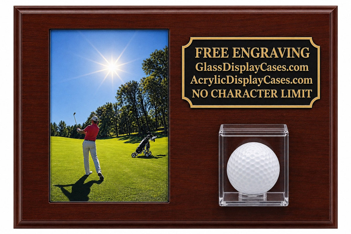 Personalized Golf Ball & 8x10 Display Case: Cherry Finish Wood, Free Photo Printing