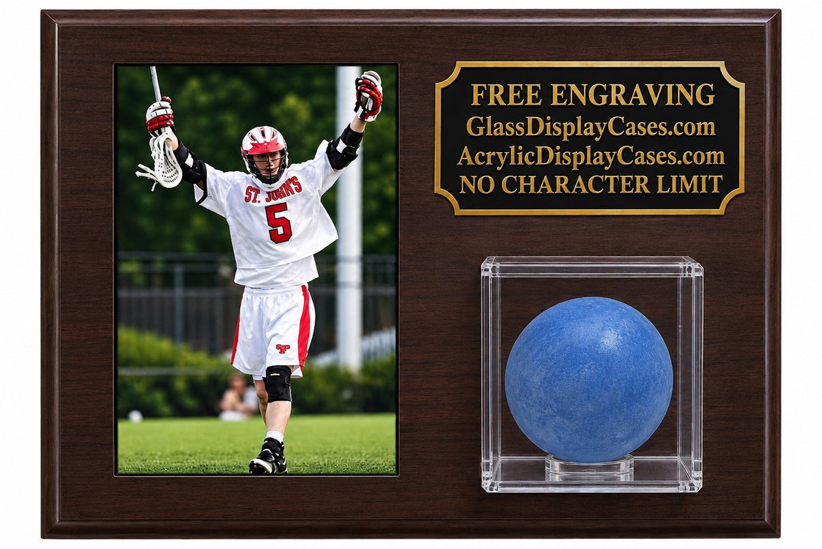 Personalized Lacrosse Ball & 4x6 Photo Wall Mount or Tabletop Display Case - Cherry Finish Wood