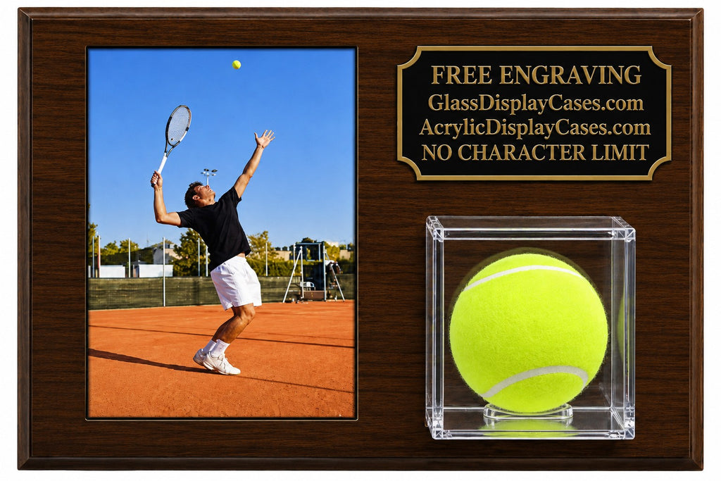 Personalized Tennis Ball Display Case with 5x7 Photo - Cherry Finish Wood Plaque