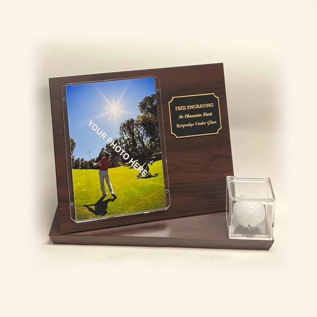 Personalized Golf Ball & 4x6 Photo Wall Mount or Tabletop Display Case: Cherry Finish Wood Plaque