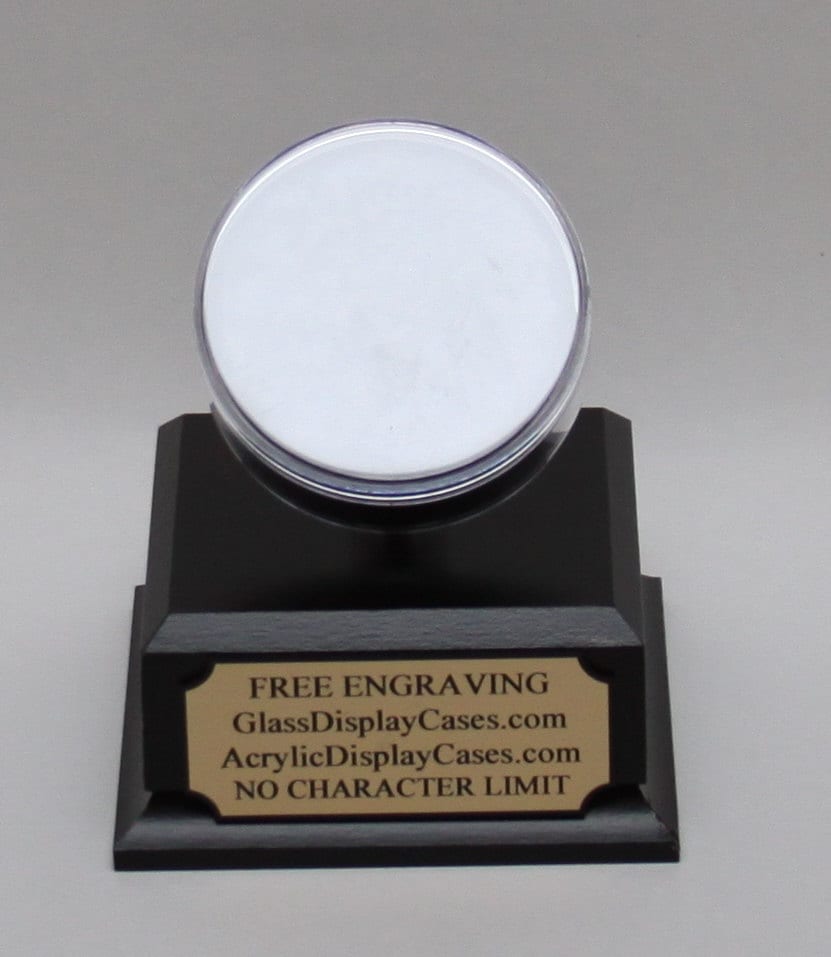 Engraved Hockey Puck Display Case: Acrylic Holder with Wood Base