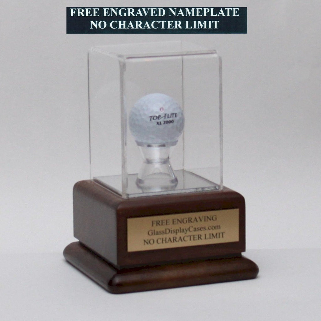 Personalized Golf Ball Display Case: Walnut Wood Base, Free Engraving