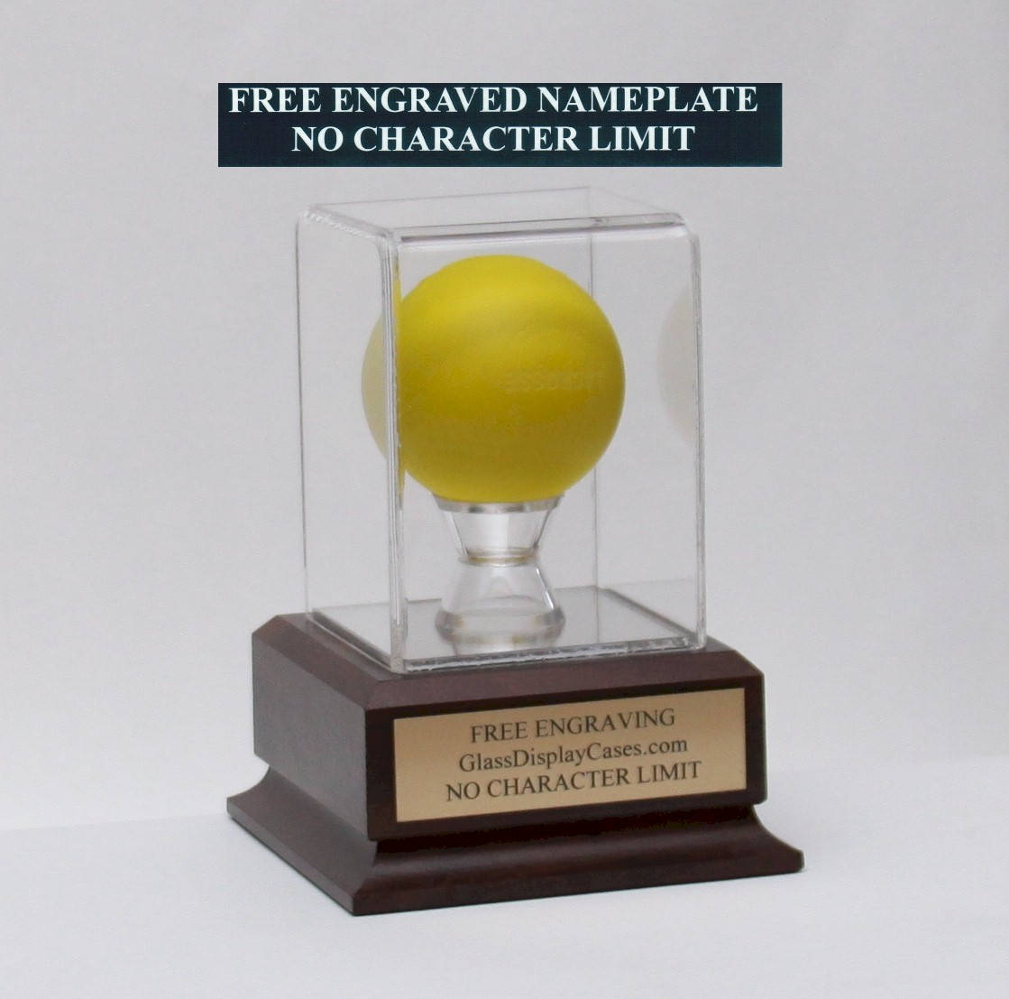 Personalized Lacrosse Ball Display Case: Engraved Nameplate, Cherry or Black Finish Base