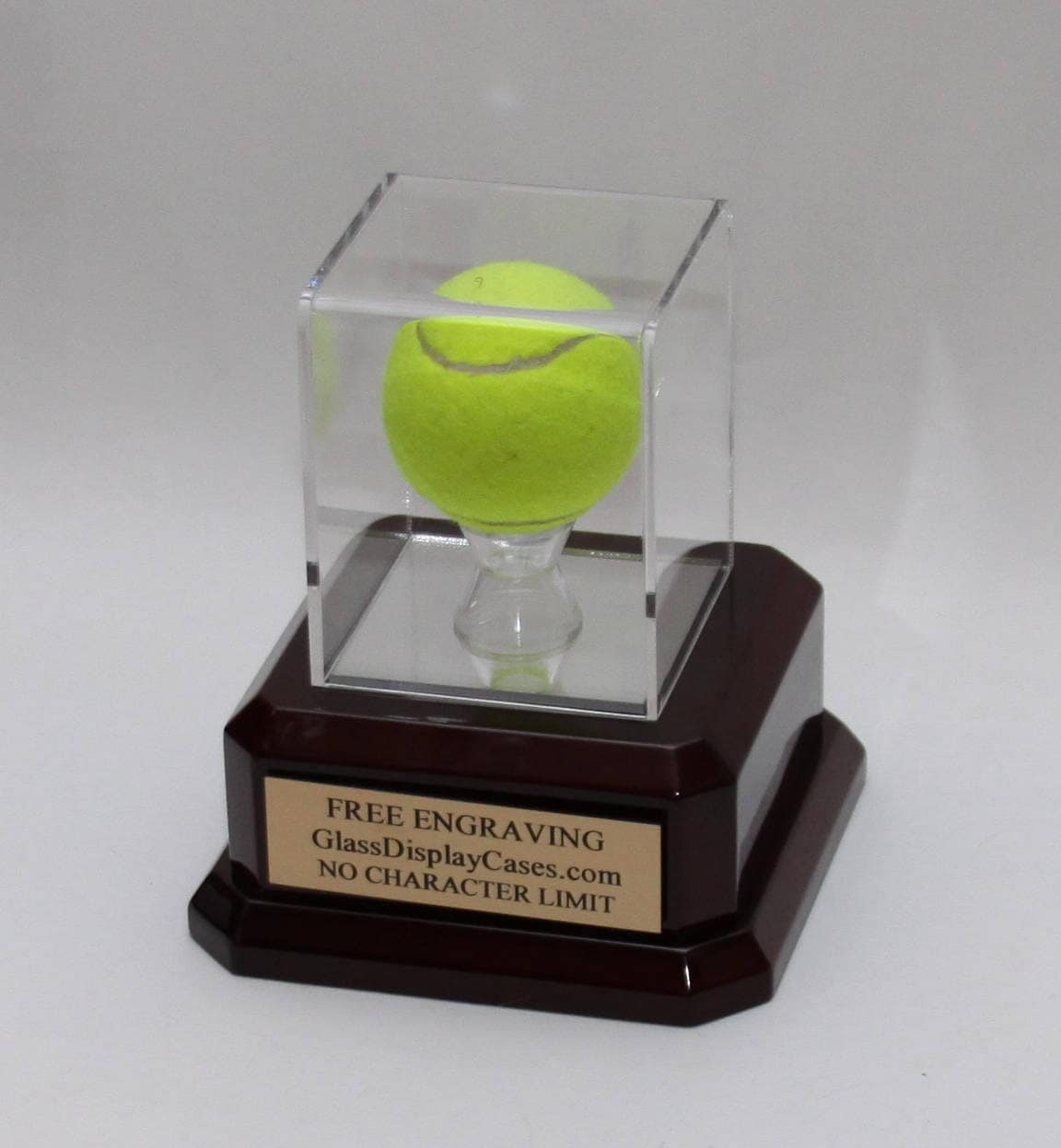 Tennis Ball Personalized Acrylic Display Case with Piano Finish Rose Wood Platform Base -