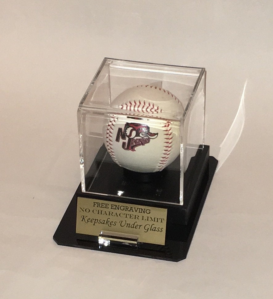 Baseball Acrylic Personalized - Engraved Display Case With a Black Octagon Base In and Custom Stand
