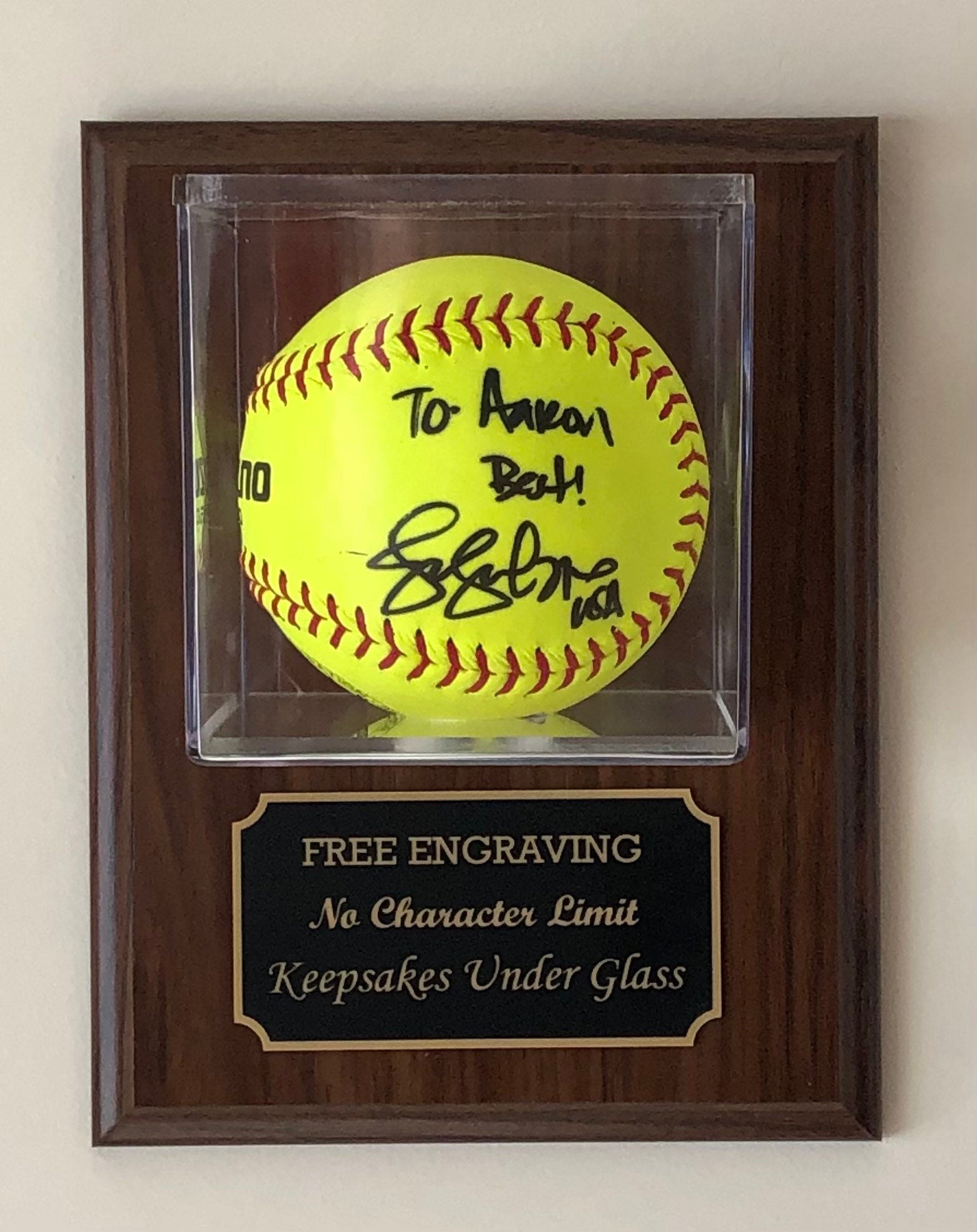 Softball Display Case: Walnut or Black Wood Plaque, Free Engraving