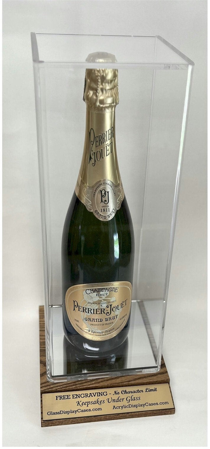 Wine , Champagne , Liquor , Beverage Bottle Acrylic Display Case with Mahogany Finish Solid Hardwood Wood Base - Free No Limit Engraving