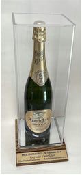 Wine , Champagne , Liquor , Beverage Bottle Acrylic Display Case with Mahogany Finish Solid Hardwood Wood Base - Free No Limit Engraving