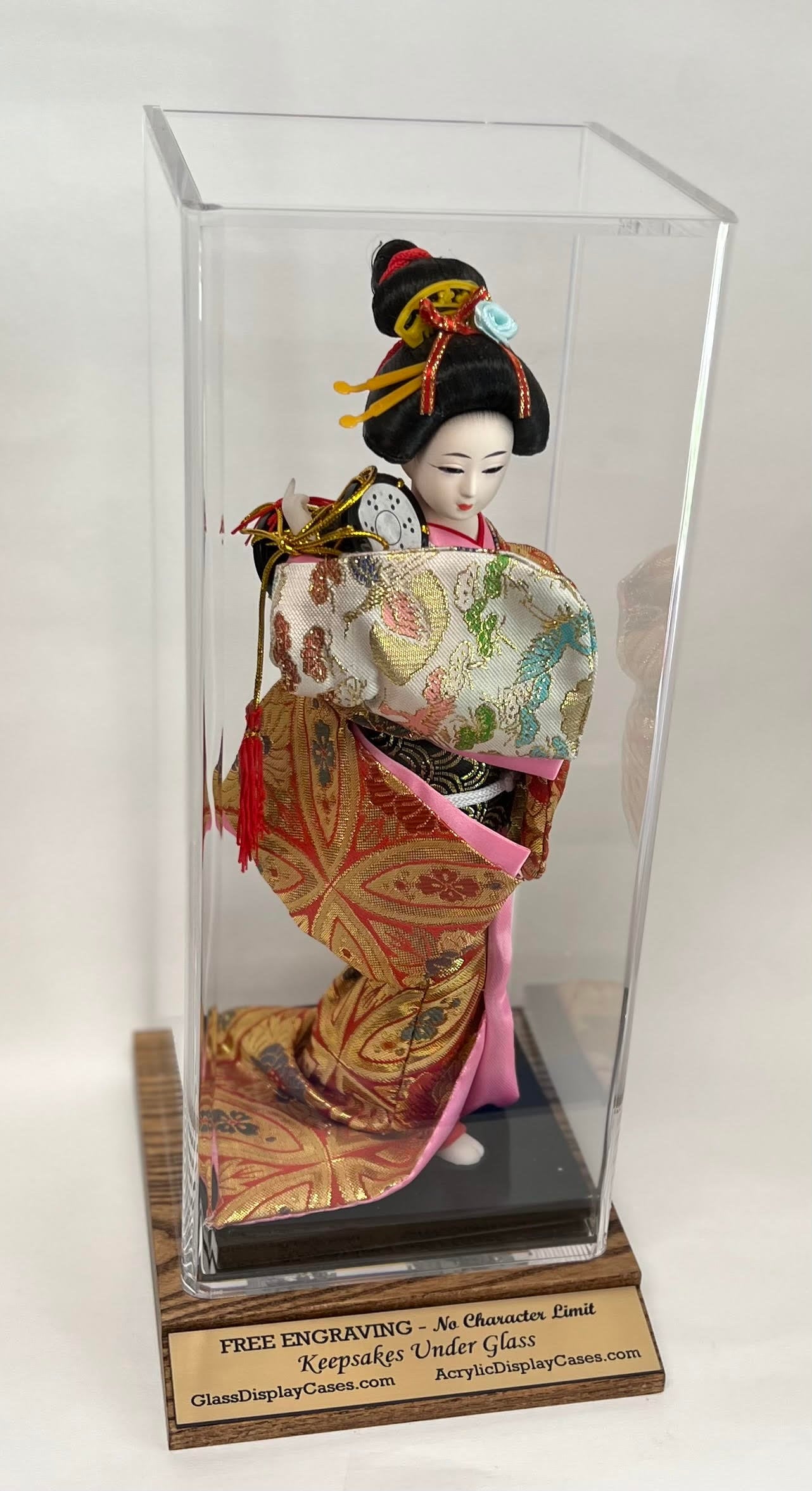 Doll Acrylic Display Case with Mahogany or Black Finish Solid Hardwood Wood Base - Free No Limit Engraving