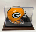 Mini Football Helmet Personalized Acrylic Display Case With a Walnut or Black Finish Wood Base