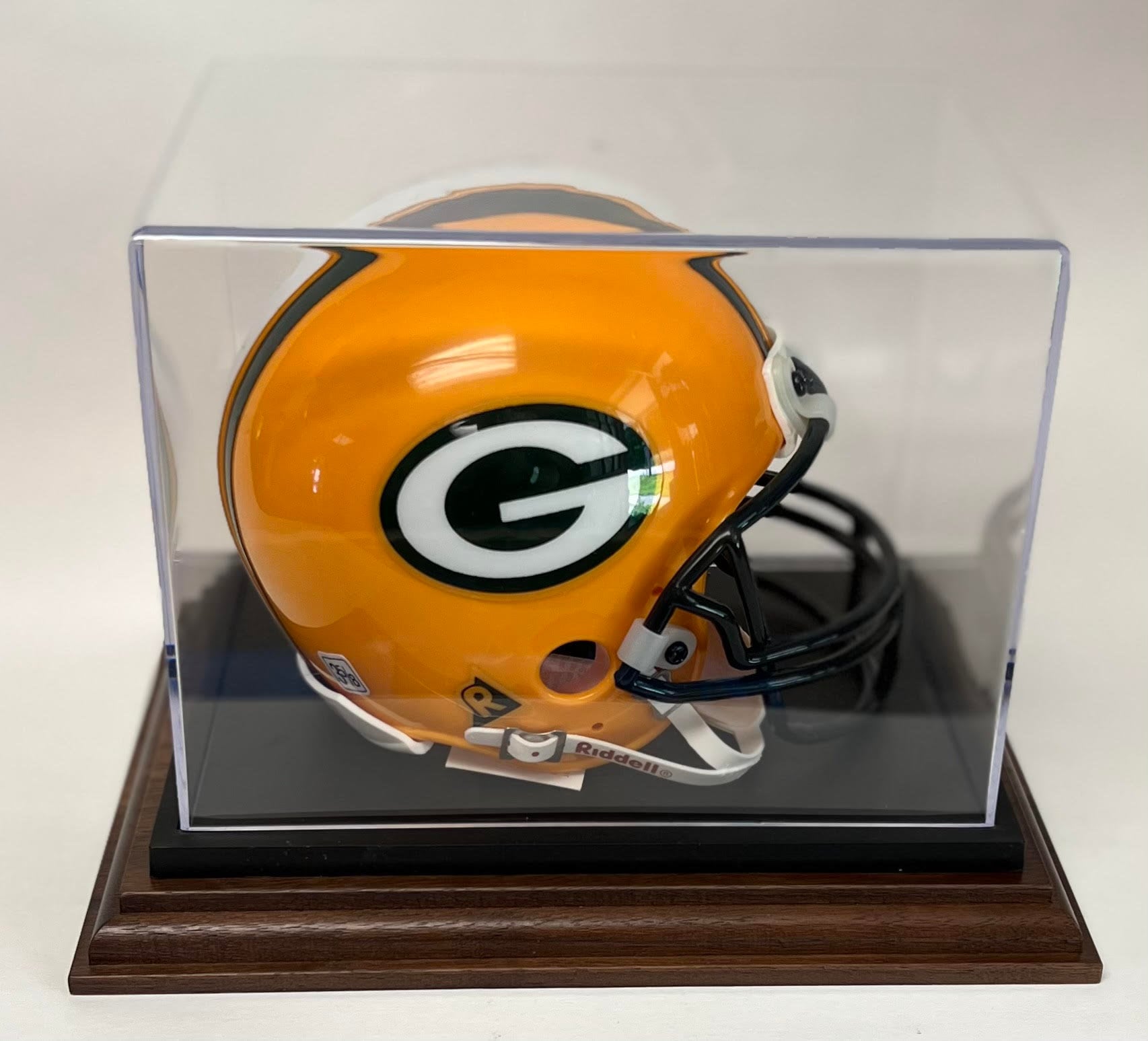 Mini Football Helmet Personalized Acrylic Display Case With a Walnut or Black Finish Wood Base