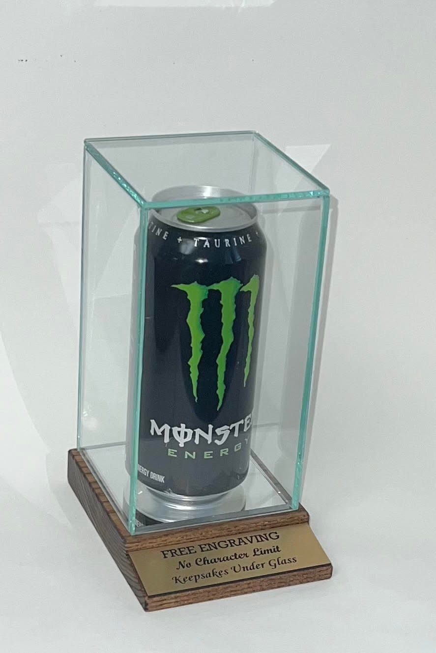 Personalized 16oz Can Glass Display Case: Mahogany or Black Base, Free Engraving