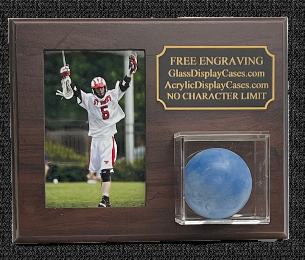 Lacrosse Ball Display Case: Personalized 8x10 Photo, Cherry Finish Wood Plaque