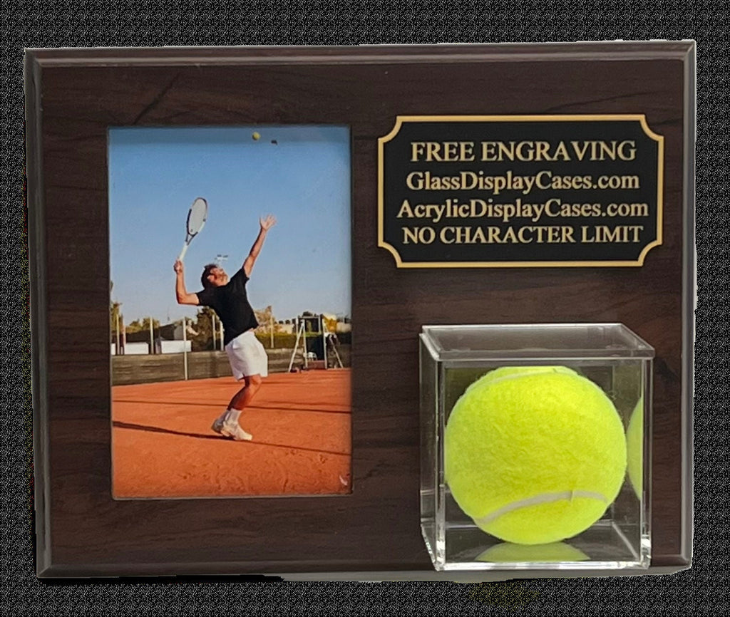 Personalized Tennis Ball & 4x6 Photo Display Case - Cherry Finish Wood, Wall Mount, Engraved