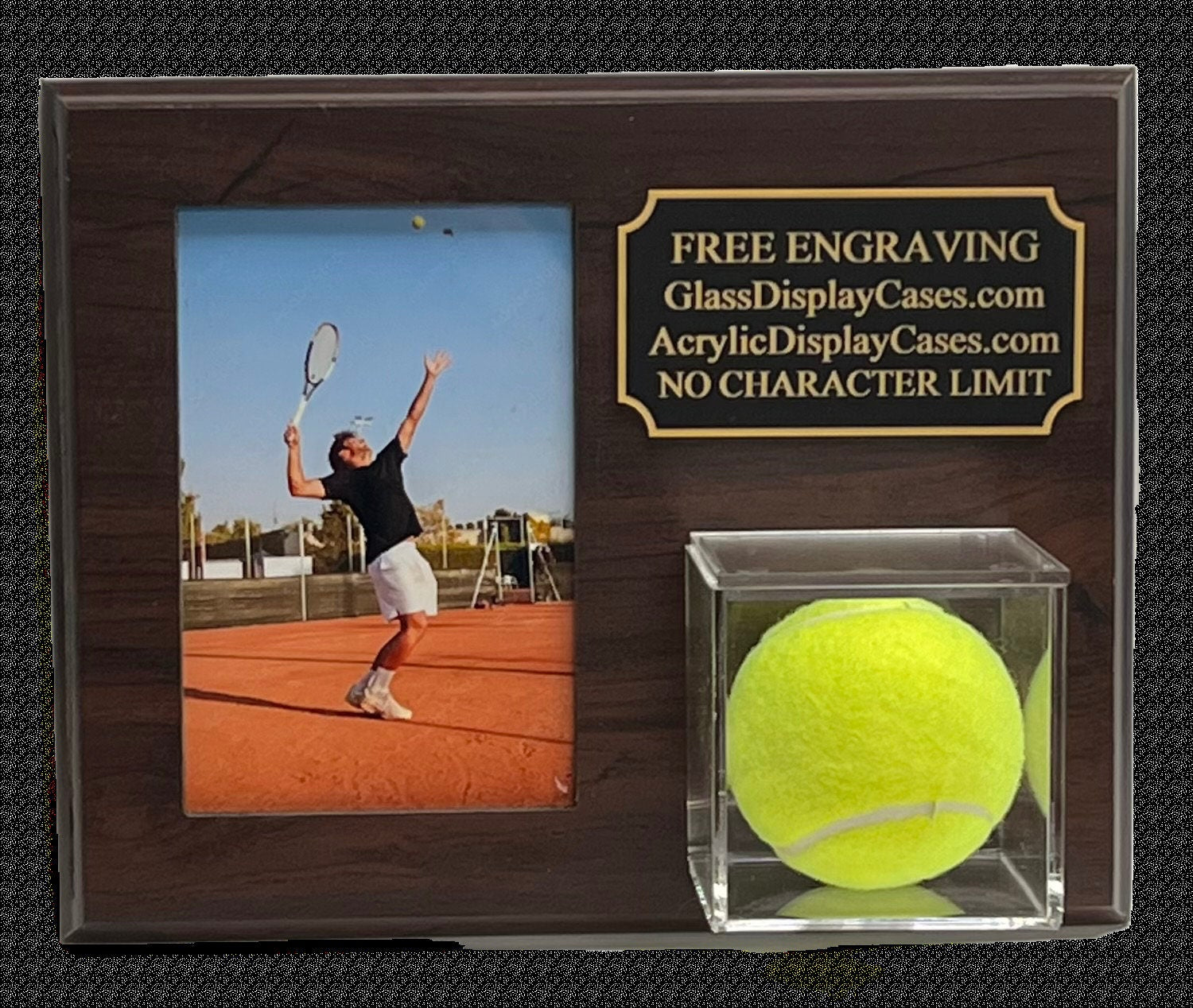 Personalized Tennis Ball & 4x6 Photo Display Case - Cherry Finish Wood, Wall Mount, Engraved