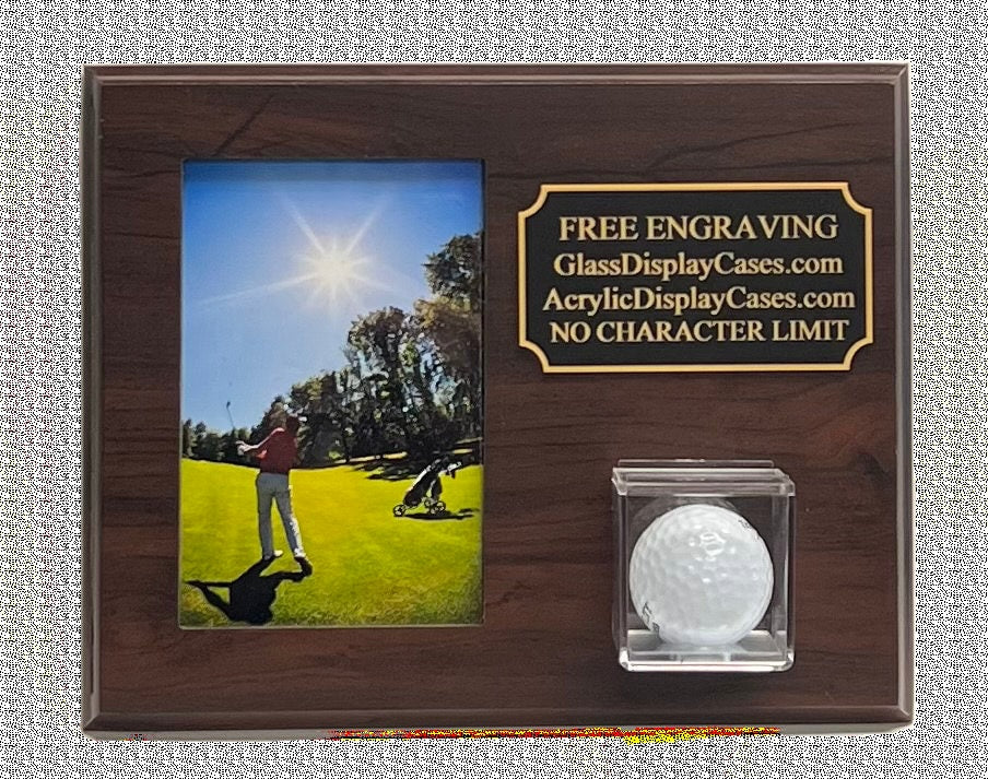 Personalized Golf Ball & 5x7 Picture Wall Mount or Tabletop Display Case: Cherry Finish Wood Plaque