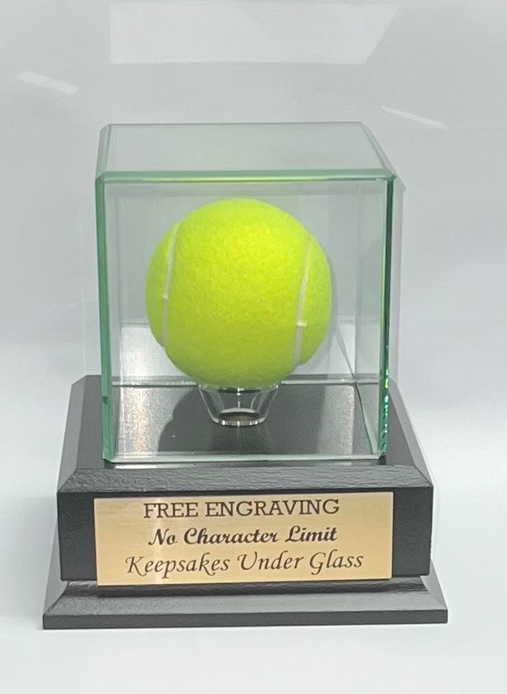 Tennis Ball Personalized Glass Display Case with a Mahogany or Black Finish Wood Platform Base