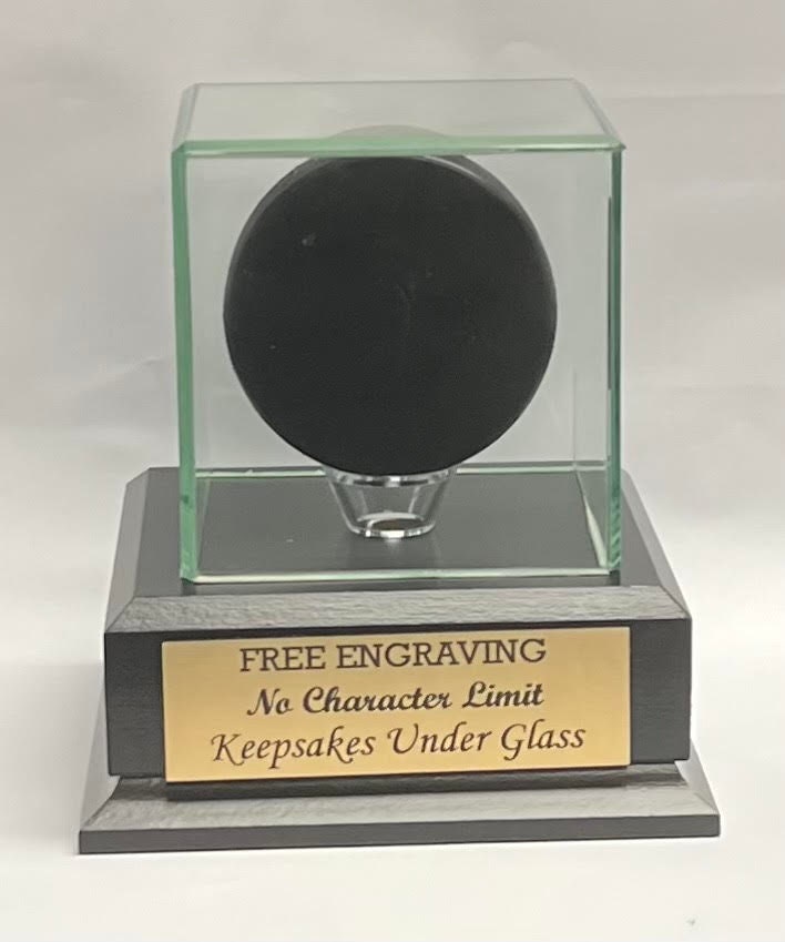 Personalized Hockey Puck Glass Display Case: Cherry or Black Base, Free Engraving