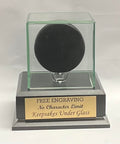 Personalized Hockey Puck Glass Display Case: Cherry or Black Base, Free Engraving